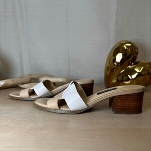 NINE WEST Leather Block Heel Slide Sandals White Tan 6M